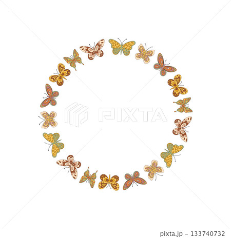 Groovy y2k butterfly border in floral pattern forms a colorful circle frame. Graphic retro style design, modern and trendy, creates a playful accent for creative backgrounds or projects. Groovy y2k butterfly border in floral pattern forms a colorful circle frame. Graphic retro style design, modern and trendy, creates a playful accent for creative backgrounds or projects. 133740732