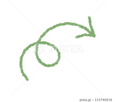 Hand drawn wavy arrow in green crayon with a chalk stroke forms a unique pointer icon. Swirl element adds dynamic form and playful style, ideal as creative accent and graphic element. Hand drawn wavy arrow in green crayon with a chalk stroke forms a unique pointer icon. Swirl element adds dynamic form and playful style, ideal as creative accent and graphic element. 133740816
