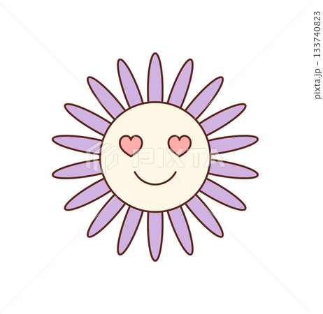 Groovy retro cartoon flower sticker with happy smile and pink heart face. Cute y2k groovy element creates fun, positive, youthful accent in playful pop style for cheerful decorative designs. 133740823