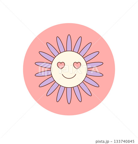 Groovy round flower sticker with heart in retro y2k style. Pink smile graphic in a circle as a playful seal or lid for package label, perfect for adding fun to modern product design. Groovy round flower sticker with heart in retro y2k style. Pink smile graphic in a circle as a playful seal or lid for package label, perfect for adding fun to modern product design. 133740845