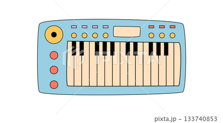 Groovy retro blue cartoon synthesizer. Funky electronic music instrument and playful sound keyboard as a y2k groovy element. Vibrant pop style for audio or music concept backgrounds. Groovy retro blue cartoon synthesizer. Funky electronic music instrument and playful sound keyboard as a y2k groovy element. Vibrant pop style for audio or music concept backgrounds. 133740853