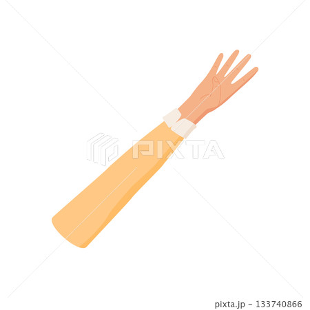 Flat style hand gesture showing number four. Clothed arm with raised palm and four fingers extended, isolated on white background. Expressive pose for count or math themes. 133740866