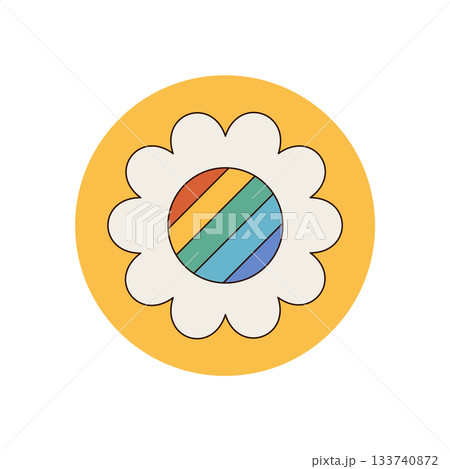 Colorful retro groovy daisy circle sticker with rainbow and flower accent. Round seal for box or package lid, vibrant y2k style for playful product appeal. 133740872
