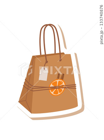 Rustic kraft takeaway box sticker in flat style. Brown cardboard eco package and container for new years gift. Modern, sustainable concept with trendy holiday look, perfect as present badge. Rustic kraft takeaway box sticker in flat style. Brown cardboard eco package and container for new years gift. Modern, sustainable concept with trendy holiday look, perfect as present badge. 133740876