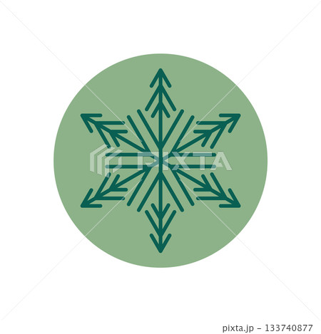 Green snow flake sticker icon in line style with ornament design for christmas and winter holiday. Circular shape and cold look make it ideal for package decoration or seasonal label. Green snow flake sticker icon in line style with ornament design for christmas and winter holiday. Circular shape and cold look make it ideal for package decoration or seasonal label. 133740877