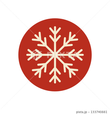 Red circle label with white snow flake icon and outline design. Ornament seal for winter package or box, perfect for holiday, christmas or xmas decoration in a modern seasonal style. 133740881