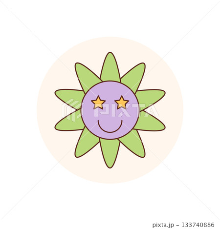 Groovy cute flower with happy smile and retro circle shape in y2k style sticker. Cheerful sticker or label as patch for package lid adds positive graphic touch to any box or product. 133740886