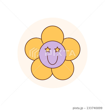 Groovy retro flower smiley sticker in a happy yellow circle brings cute style with a y2k feel. Fun seal for package or lid, perfect accent for positive product branding. 133740899
