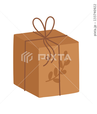 Vintage kraft gift box in flat graphic style. Cardboard package with ribbon, eco present for christmas. Brown container as festive packaging, modern and sustainable. Vintage kraft gift box in flat graphic style. Cardboard package with ribbon, eco present for christmas. Brown container as festive packaging, modern and sustainable. 133740922