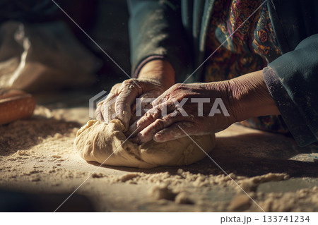 生地をこねる手元のクローズアップ写真1　AI生成画像 133741234