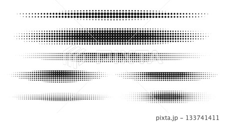 Set of shadow oval shapes with halftone effect isolated on white background. Abstract shades with gritty, grainy, noise or pixel texture. Forms with polka dot pattern. Vector graphic illustration 133741411