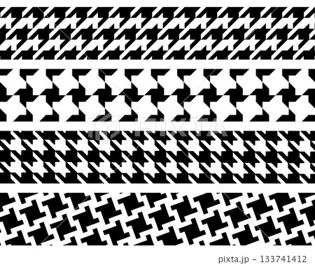 Borders with houndstooth and pepita patterns isolated on white background. Black and white tweed texture. Retro textile print for plaid, scarf or cloth. Classic geometric design. Vector illustration Borders with houndstooth and pepita patterns isolated on white background. Black and white tweed texture. Retro textile print for plaid, scarf or cloth. Classic geometric design. Vector illustration 133741412