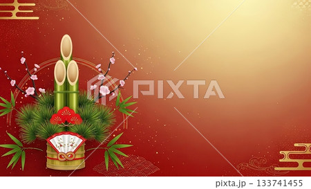 門松と松竹梅をあしらった金赤の和紙テクスチャ正月背景 門松と松竹梅をあしらった金赤の和紙テクスチャ正月背景 133741455