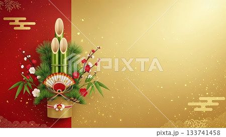 門松と松竹梅をあしらった金赤の和紙テクスチャ正月背景 133741458