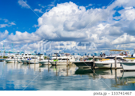 Private luxury boat anchored off Miami beach for summer vacation in marina bay South beach, Florida 133741467