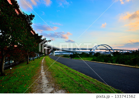 荒川 秋のさくらが紅葉した五色桜大橋と江北ジャンクションの夕景 荒川 秋のさくらが紅葉した五色桜大橋と江北ジャンクションの夕景 133741562