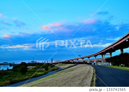 荒川 秋のさくらが紅葉した五色桜大橋と江北ジャンクションの夕景 133741565