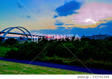 荒川 秋のさくらが紅葉した五色桜大橋と江北ジャンクションの夕景 133741569