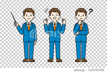 Explaining, working hard, thinking, a full-body vector illustration material set of a young man in a suit_Color Explaining, working hard, thinking, a full-body vector illustration material set of a young man in a suit_Color 133741593
