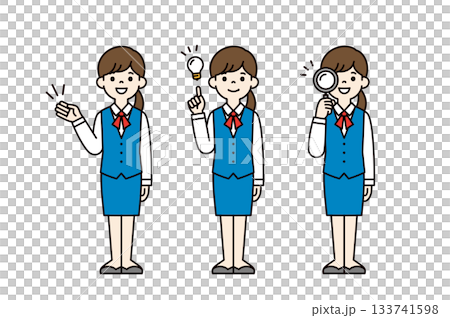 Introduce, notice, search, full-body vector illustration material set of a young woman in a uniform_Color 133741598