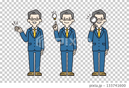 Explain, propose, search, full-body vector illustration material set of middle-aged and elderly men in suits_Color 133741600