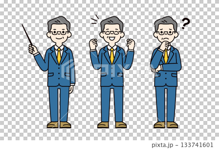 Teaching, smiling, happy, worried, middle-aged and elderly men in suits, full-body vector illustration set_color 133741601