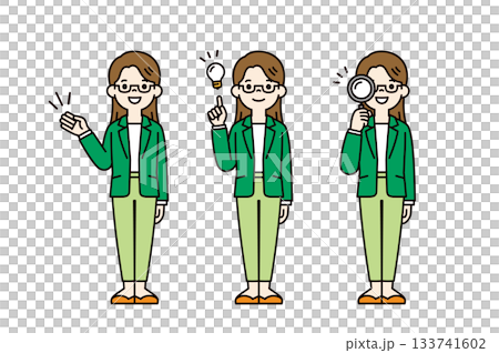 Explain, propose, search, full body vector illustration material set of a young woman in a pantsuit_color 133741602