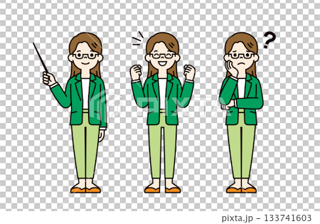 Teaching, smiling, happy, worried, full body vector illustration material set of a young woman in a pantsuit_Color 133741603