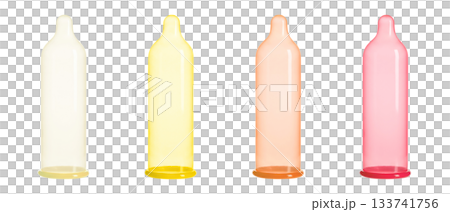 Colorful unrolled inflated standing condom transparent PNG set bundle, isolated background. Regular, yellow, orange, red color. Condoms product presentation, safe sex contraceptive, male potency 133741756