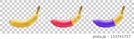 Condom rolled up on banana transparent PNG set bundle, isolated background. Safe sex Ed education demonstration, contraceptive, STD prevention, sexual health. Colorful regular, red pink, purple color 133741757