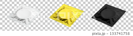 Colorful condom wrapper packet transparent PNG set bundle, isolated background. White, gold yellow, black color. 3D isometric view, condoms, safe sex protection contraceptive, STD prevention 133741758