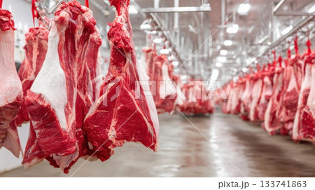 Fresh cuts of red meat hanging in a modern meat processing facility, showcasing the butchery process and emphasizing quality and freshness in a clean environment Fresh cuts of red meat hanging in a modern meat processing facility, showcasing the butchery process and emphasizing quality and freshness in a clean environment 133741863