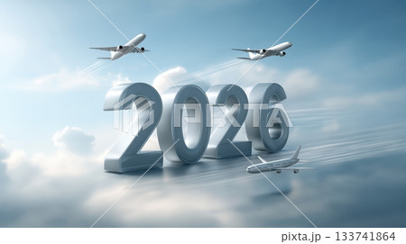 Three airplanes flying above large metallic numbers representing the year 2026, set against a bright sky with fluffy clouds, symbolizing travel and future aspirations Three airplanes flying above large metallic numbers representing the year 2026, set against a bright sky with fluffy clouds, symbolizing travel and future aspirations 133741864