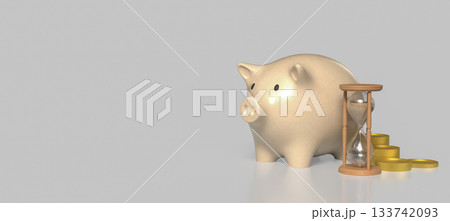 Piggy Bank with Hourglass and Gold Coins 3d render. Piggy Bank with Hourglass and Gold Coins 3d render. 133742093