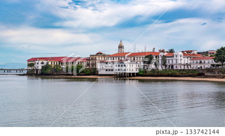 Panama City, Casco Viejo with the Presidential Palace in the foreground. 133742144
