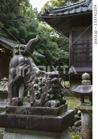 神社の入口に立つ狛犬の像 133742204