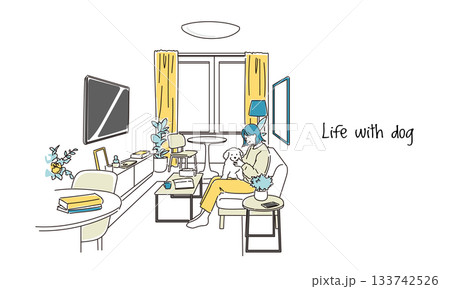 部屋で愛犬と過ごす若い女性のイラスト素材 133742526