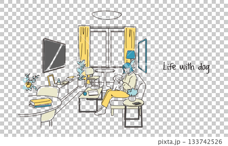 部屋で愛犬と過ごす若い女性のイラスト素材 133742526