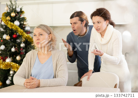 Woman and man swear at old mother who puts up with it at christmas while sitting at kitchen tabl Woman and man swear at old mother who puts up with it at christmas while sitting at kitchen tabl 133742711
