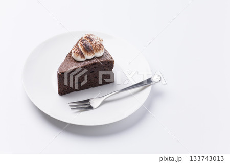 皿に盛られたケーキ ガトーショコラ 白背景 皿に盛られたケーキ ガトーショコラ 白背景 133743013