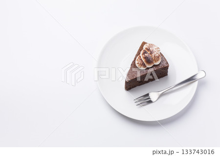 皿に盛られたケーキ ガトーショコラ 白背景 皿に盛られたケーキ ガトーショコラ 白背景 133743016