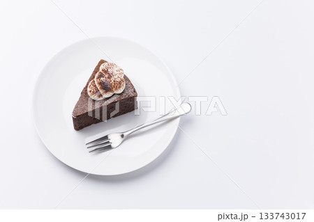 皿に盛られたケーキ ガトーショコラ 白背景 皿に盛られたケーキ ガトーショコラ 白背景 133743017