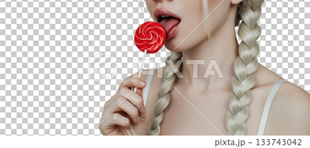 Sexy seductive blonde woman licking red lollipop transparent PNG isolated background, close sup. Seduction, teasing, candy, sweet summer vibes 133743042