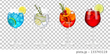 Blue Lagoon, Gin Tonic, Aperol Spritz, Cape Codder cocktail transparent PNG set bundle, isolated background. Refreshing summer cocktails in wine glass with garnish Blue Lagoon, Gin Tonic, Aperol Spritz, Cape Codder cocktail transparent PNG set bundle, isolated background. Refreshing summer cocktails in wine glass with garnish 133743119
