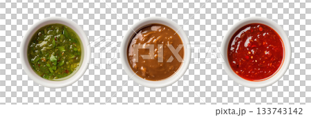 Green salsa verde, satay peanut, siracha sauce in white ceramic bowl transparent PNG cutout set bundle, isolated background. Vibrant colorful flavor cue, culinary food condiment 133743142