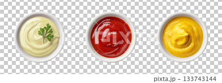 mayonnaise, ketchup, mustard sauce in white ceramic bowl transparent PNG cutout set bundle, isolated background. Vibrant colorful flavor cue, culinary food condiment 133743144