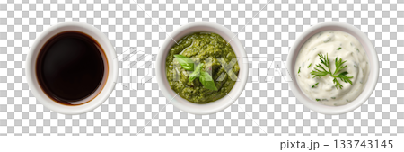 Soy, pesto, tartar sauce in white ceramic bowl transparent PNG cutout set bundle, isolated background. Vibrant colorful flavor cue, culinary food condiment Soy, pesto, tartar sauce in white ceramic bowl transparent PNG cutout set bundle, isolated background. Vibrant colorful flavor cue, culinary food condiment 133743145
