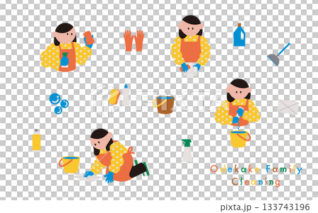 洗い物や拭き掃除の家事をする女性とアイコンのイラスト素材セット 133743196