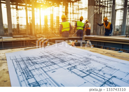 A group of construction workers are standing around a blueprint of a building 133743310