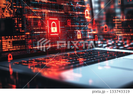 A computer screen with a red lock symbol on it, caution and security 133743319